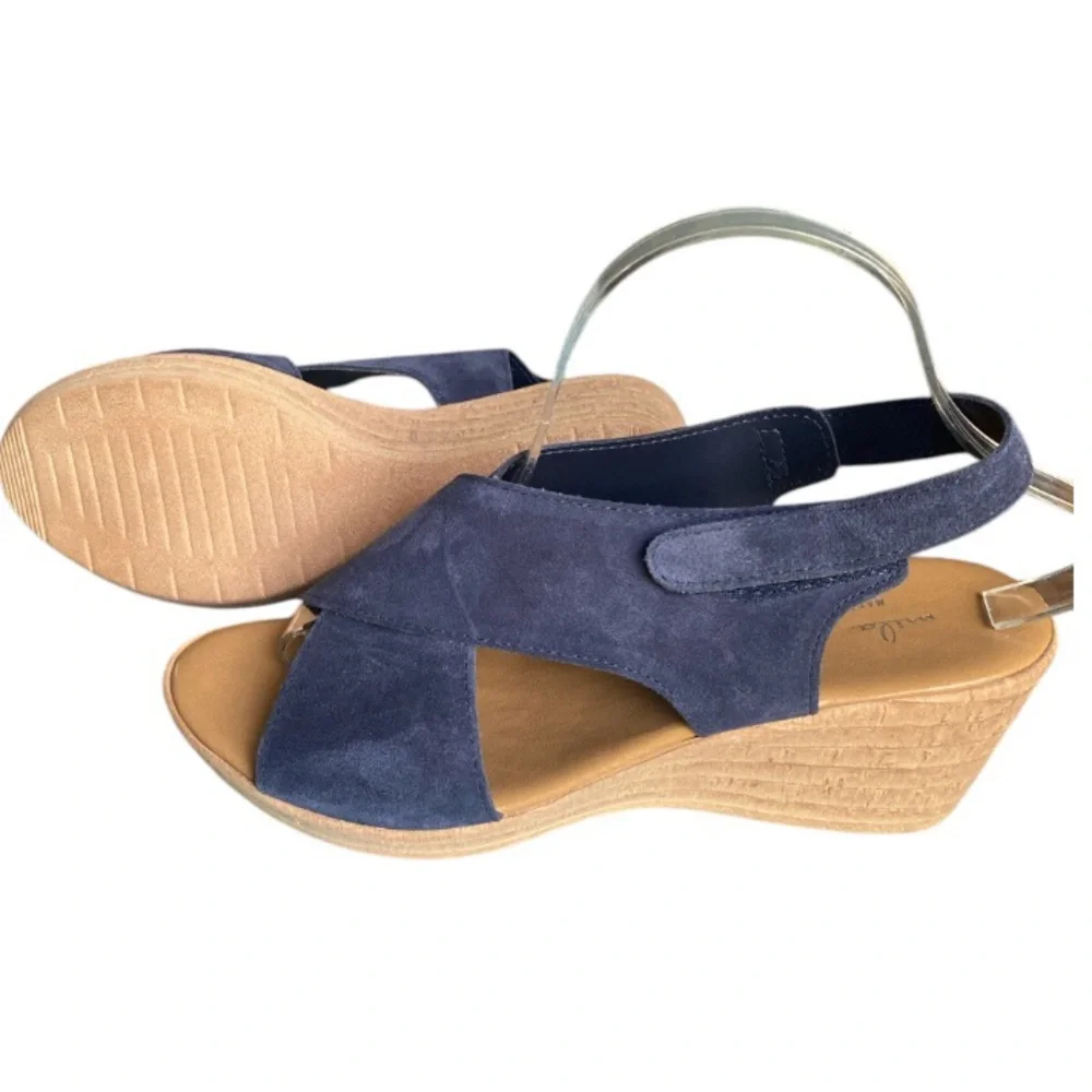 MILA PAOLI Navy Suede Leather Platform Wedge Sandals Crisscross Slingback 10